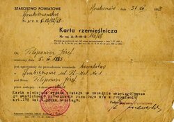Karta rzemieślnicza wystawiona na nazwisko Józefa Filipowicza przez Starostwo Powiatowe w Hrubieszowie. Po ucieczce z Porycka Józef Filipowicz osiadł w Hrubieszowie.